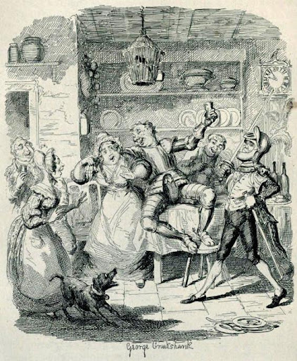 Ilustraciones y dibujos en las obras de Dickens - George Cruikshank. Tom Twigger in the kitchem of Mudfog house. En The Mudfog Papers